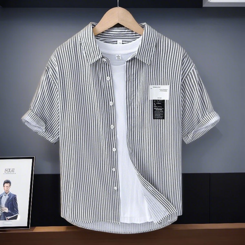 【纯棉】夏季男装宽松时尚百搭条纹衬衫男士薄款翻领舒适短袖衬衣男