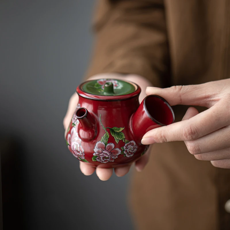 百垚牡丹侧把壶茶壶泡茶器家用陶瓷一人小壶泡茶器手抓壶功夫茶具