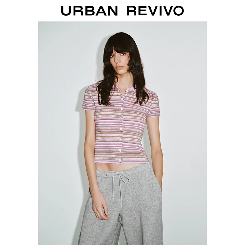 UR2026春季新款女装休闲撞色条纹排扣针织衫UYL950118+