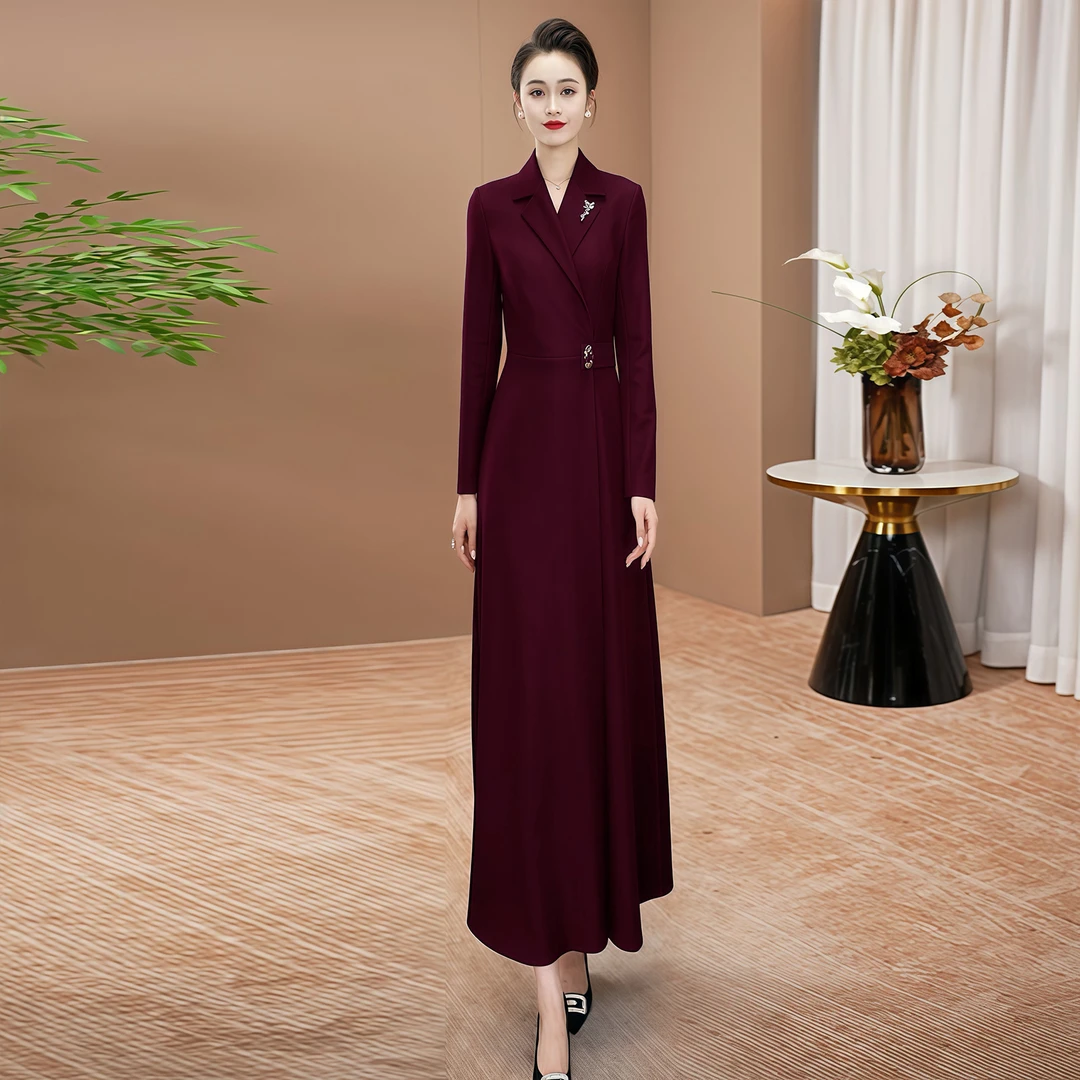 酒红色宴会礼裙2025年秋季新款高级感长袖穿搭气质显瘦连衣裙0207