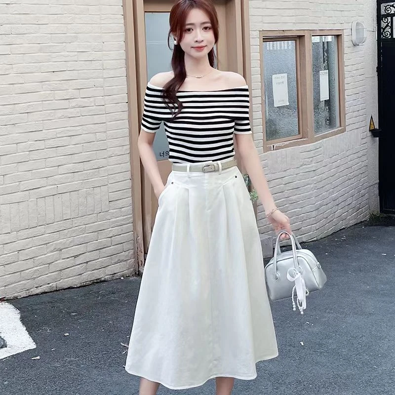 夏季炸街穿搭条纹一字领上衣半身裙轻熟纯欲风两件套装HJ-1978