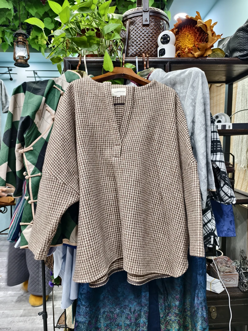 意大利工艺羊毛格子大码宽松休闲上衣
