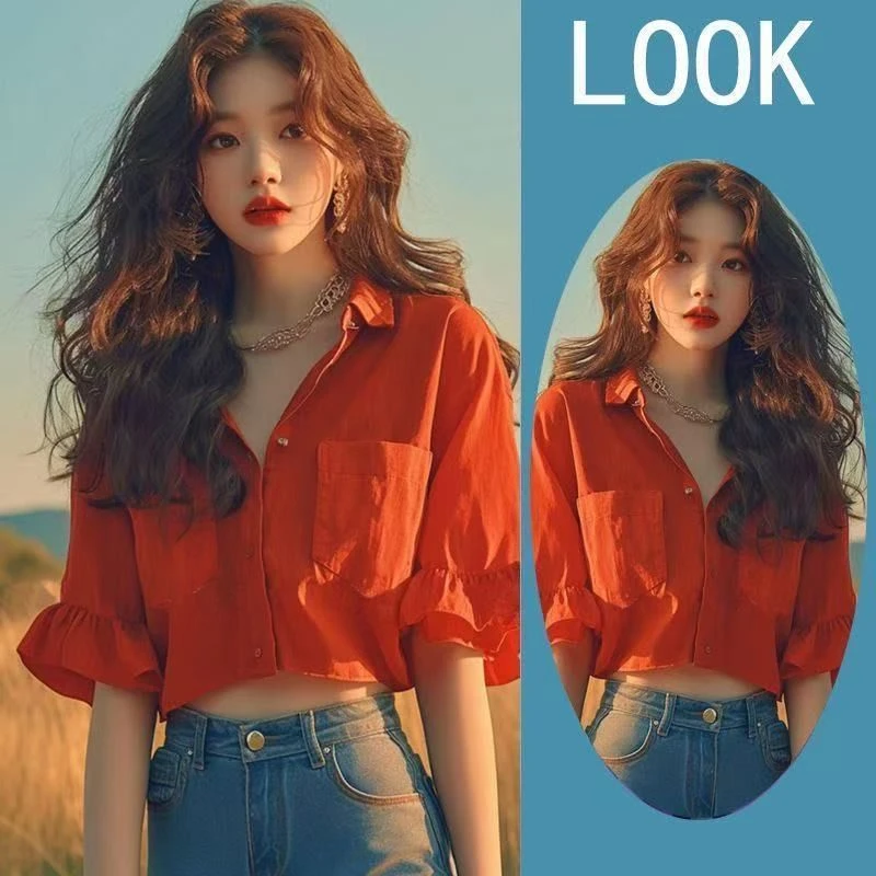 迪卡侬贵宾2025新款红色短袖衬衫女荷叶边独特漂亮夏季好看洋气