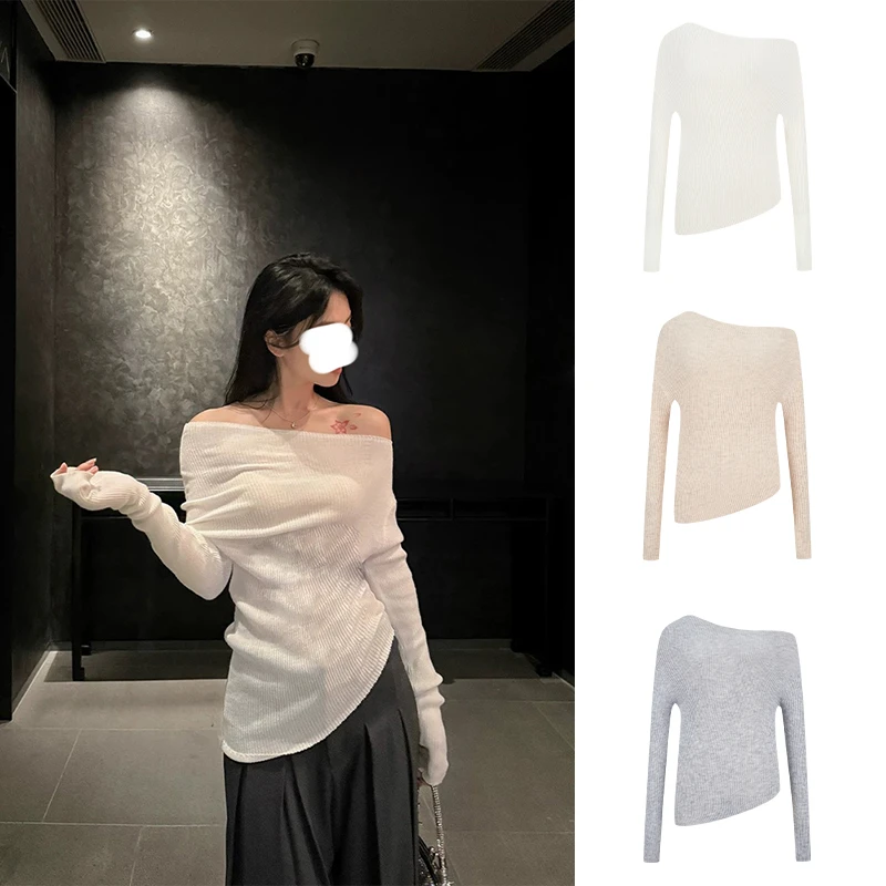 Moses Queen/魔西女王高级感斜肩针织衫女一字肩长袖修身显瘦上衣