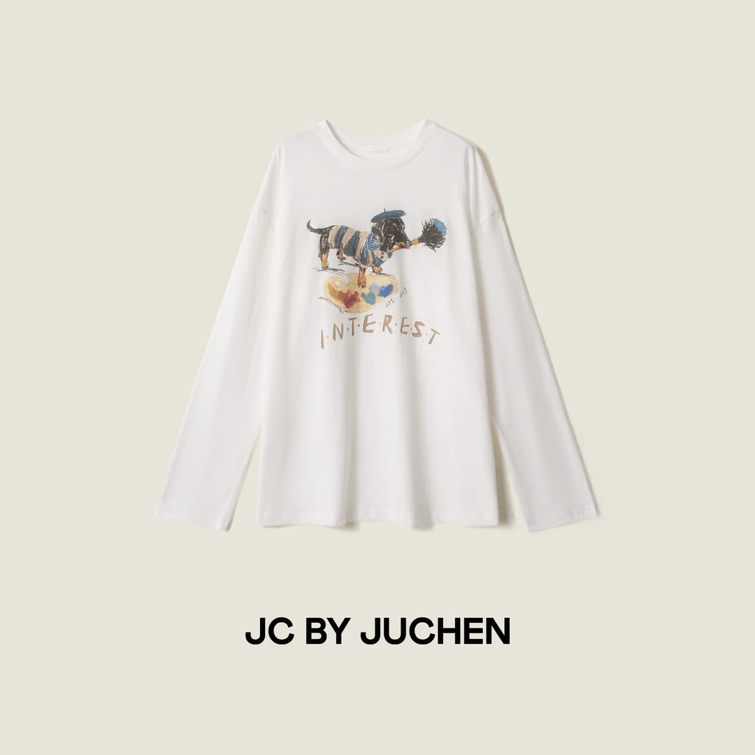 老友记小画家腊肠狗印花舒适棉麻百搭宽松长袖T恤 FW095379