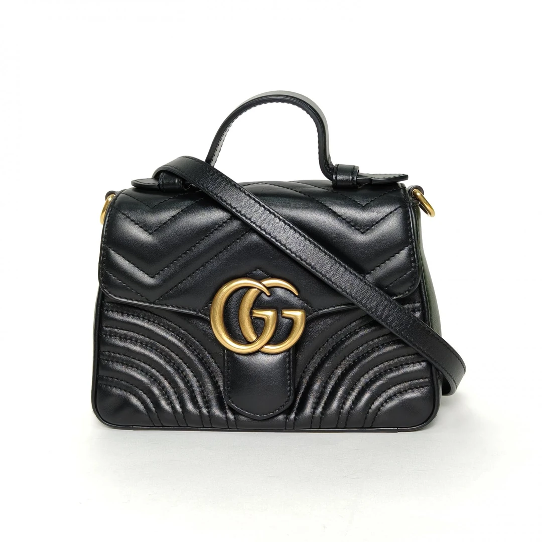 95新 GUCCI/古驰 【娇】手提肩背包 21 黑色 皮革C 金扣 418017