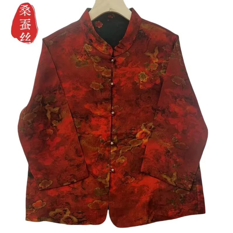 新中式双面复古印花长袖女士衬衫上衣9904