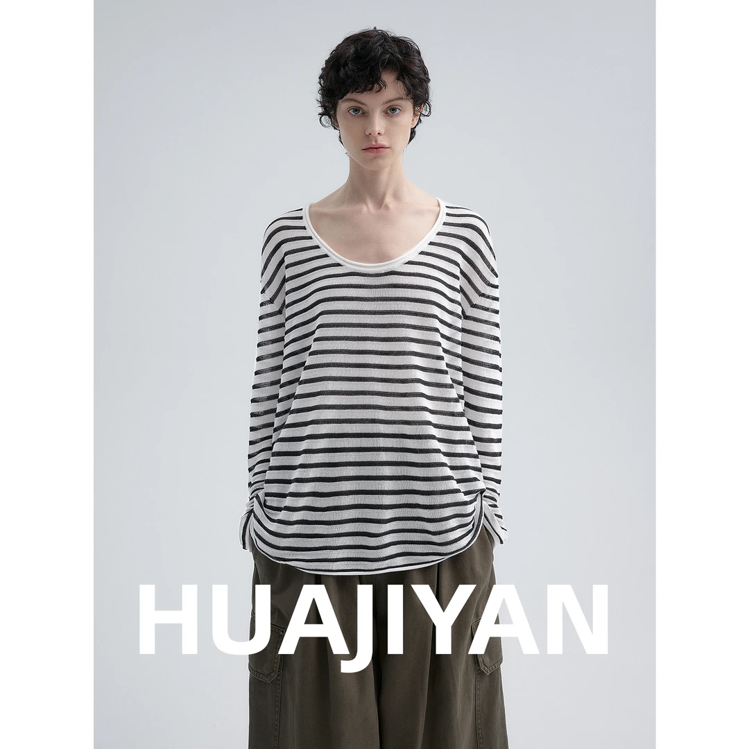 华吉言/HUAJIYAN【左岸】和纸天丝混纺横条纹大U领长袖上衣