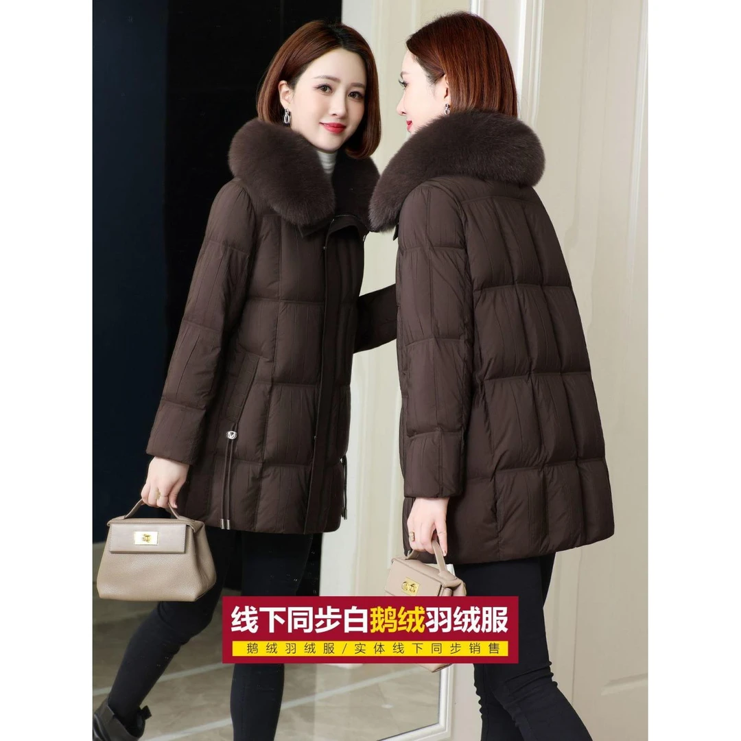 2025冬时尚新款海宁狐狸毛领白鹅绒女士中长款减龄保暖羽绒服妈妈