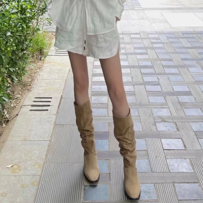 法式欧美内增高堆堆靴褶皱高跟骑士靴西部牛仔长筒靴女夏季靴子