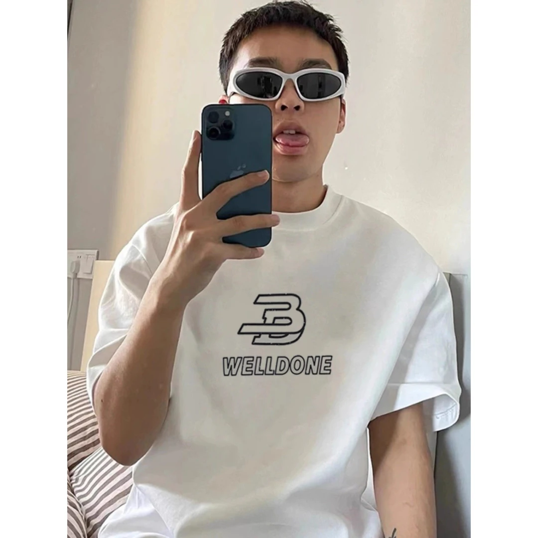 美式港风复古嘻哈潮流纯棉印花夏季男士休闲百搭半袖恤情侣装白色