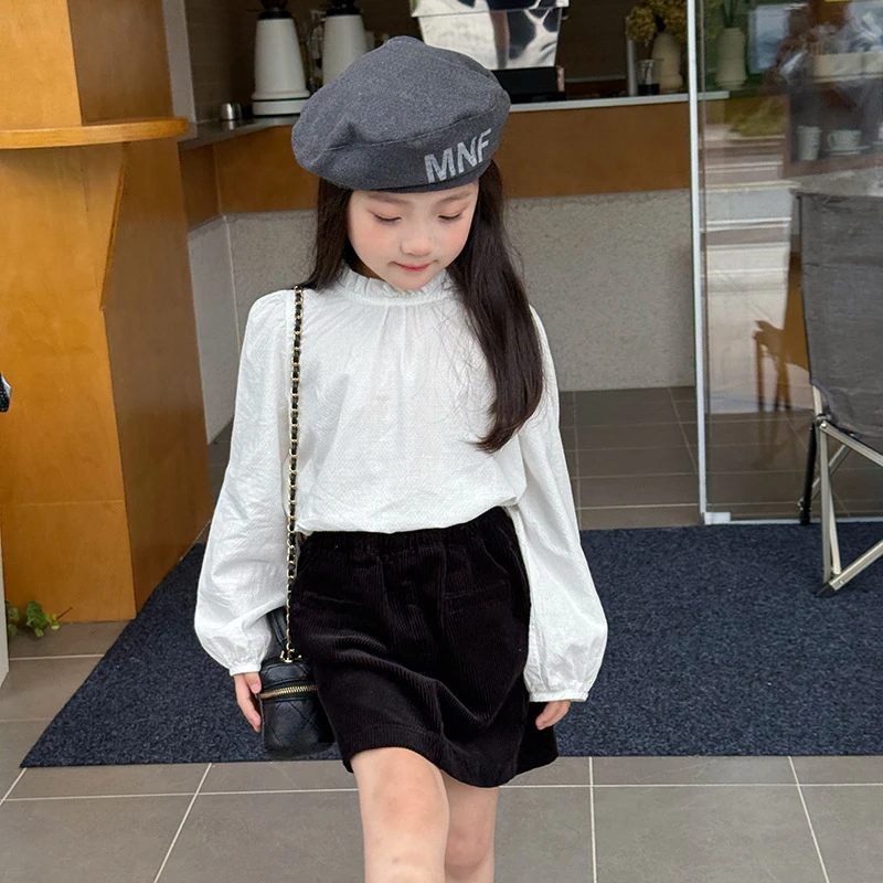 【新品】女童秋季内搭白色衬衣儿童气质花边立领提花衬衫上衣25F007
