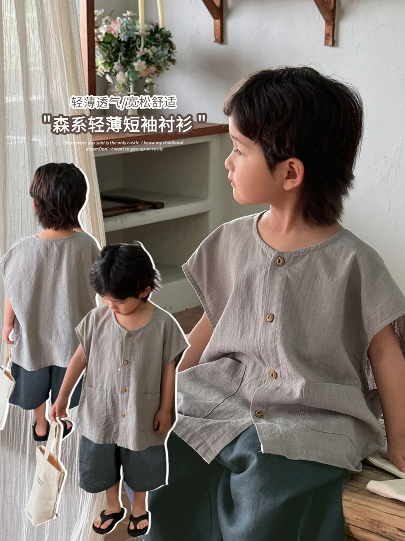 《主播力推》ch森文艺风~轻薄男童女童圆领口袋落肩无袖衫25XL1395