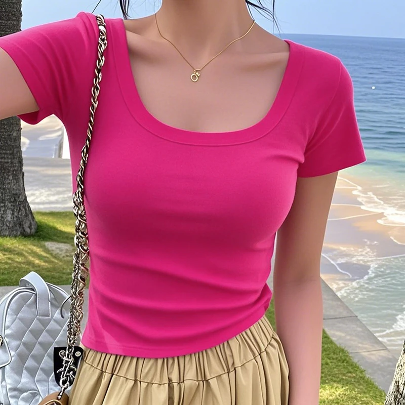 法式方领短袖2025夏季92棉女露锁骨T恤高级显气质好版型日常上衣
