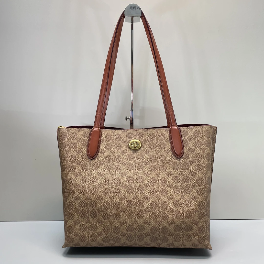 95新 COACH/蔻驰 willow红棕老花托特包 34*27*15cm3E011201