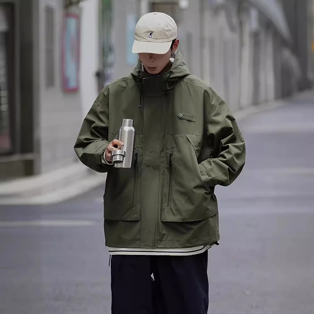 日系连帽冲锋衣外套男秋冬新款潮牌工装夹克宽松潮流男生