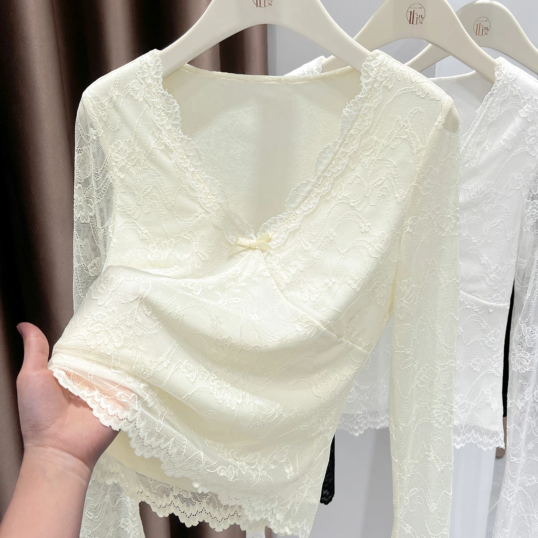 超好看漂亮提花蕾丝拼接花边V领打底衫女秋冬内搭蝴蝶结加绒上衣
