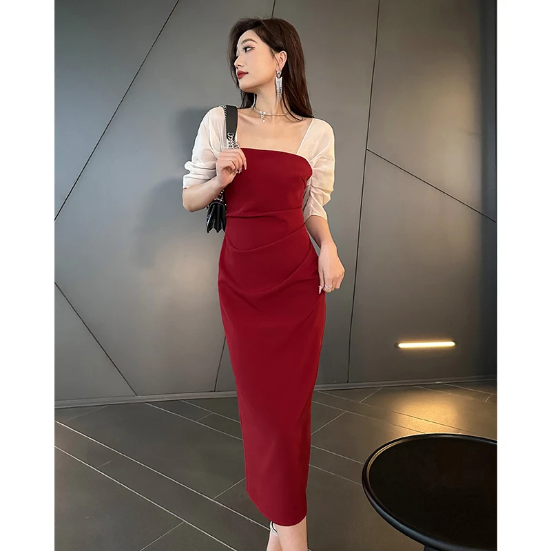 格润雅气质显身材连衣裙2025年新款女夏季拼色方领泡泡袖褶皱裙子