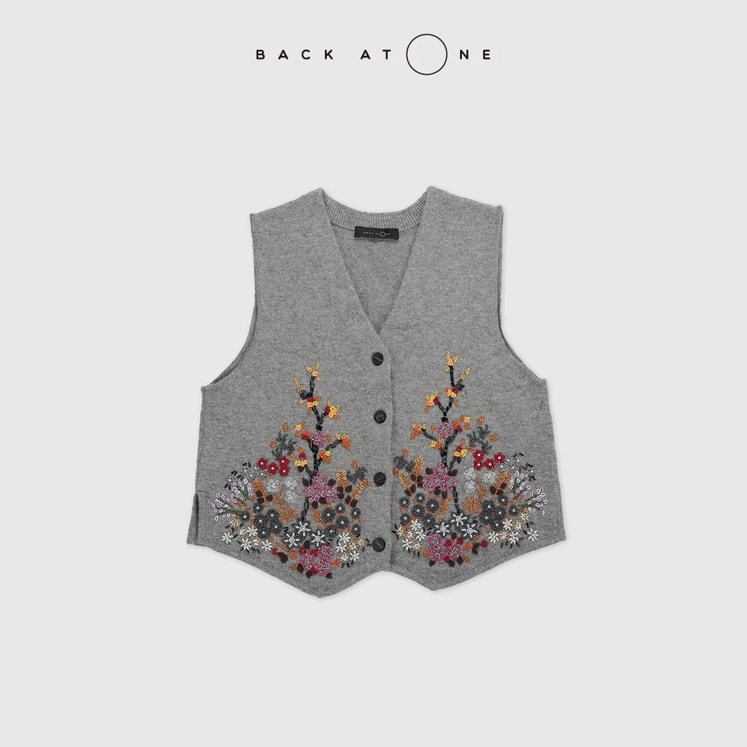BackAtOne“山林绮梦”手工钉珠绣花灰色羊绒马甲 BFF-1AE001B-K