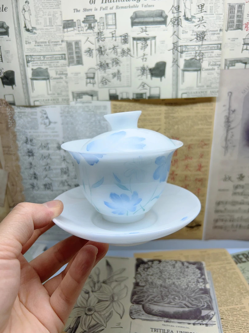 手绘上釉冰种盖碗茶杯功夫茶具家用泡茶碗三才设计创意陶瓷