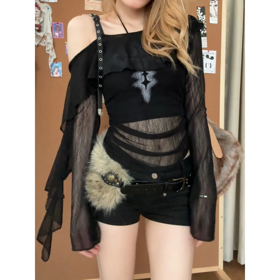 【346】全透款暗黑辣妹哥特十字架荷叶边上衣