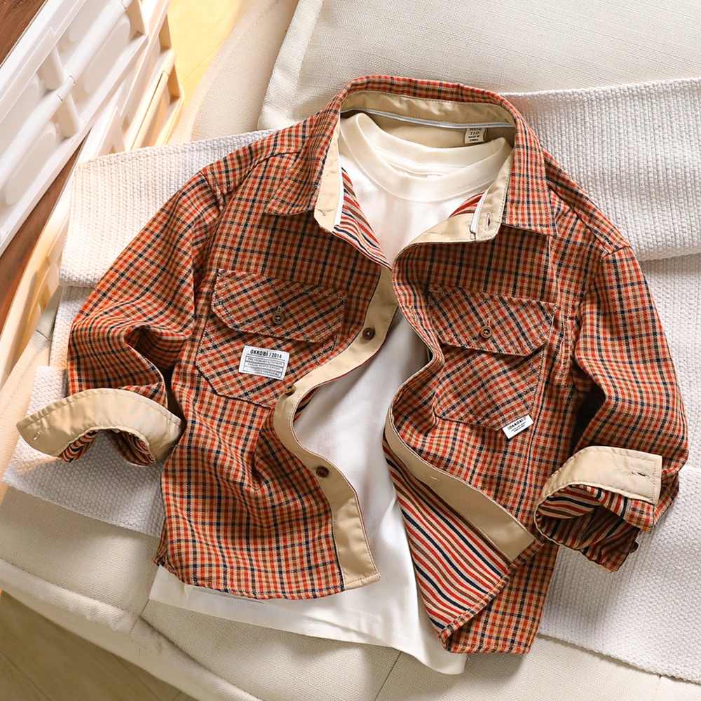 春秋男童长袖格子衬衫中大童休闲衬衣男孩洋气上衣儿童翻领外套潮