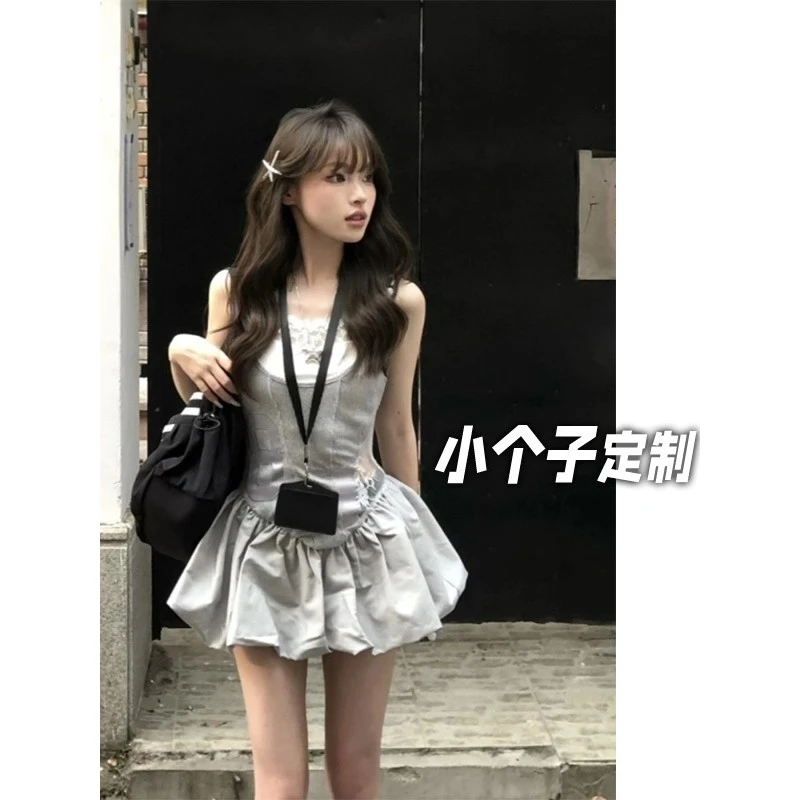 150小矮个子蕾丝拼接连衣裙女秋季美式蓬蓬花苞裙收腰a字吊带短裙