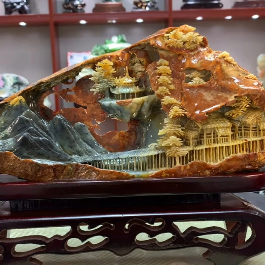 8177家居装饰摆件玉石雕刻电视柜玄关新中式创意书房山水花鸟白菜