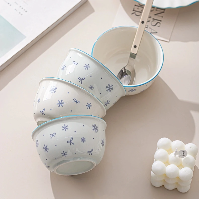 【初雪】4碗米饭碗4.5英寸家用创意清新情侣陶瓷釉下彩餐具可爱餐碗