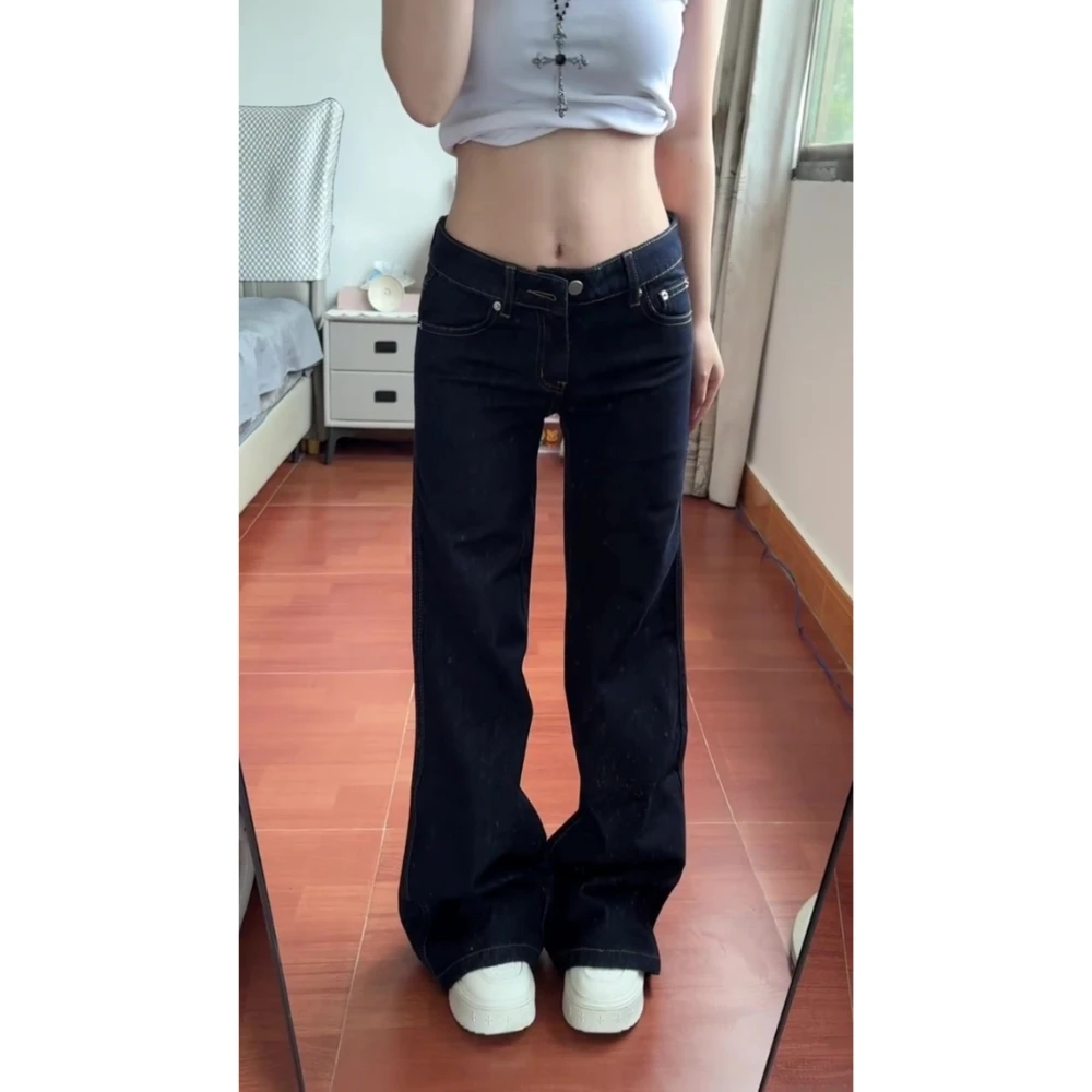 美式复古原牛色低腰牛仔裤女2025春季不贴腿宽松直筒喇叭拖地裤子