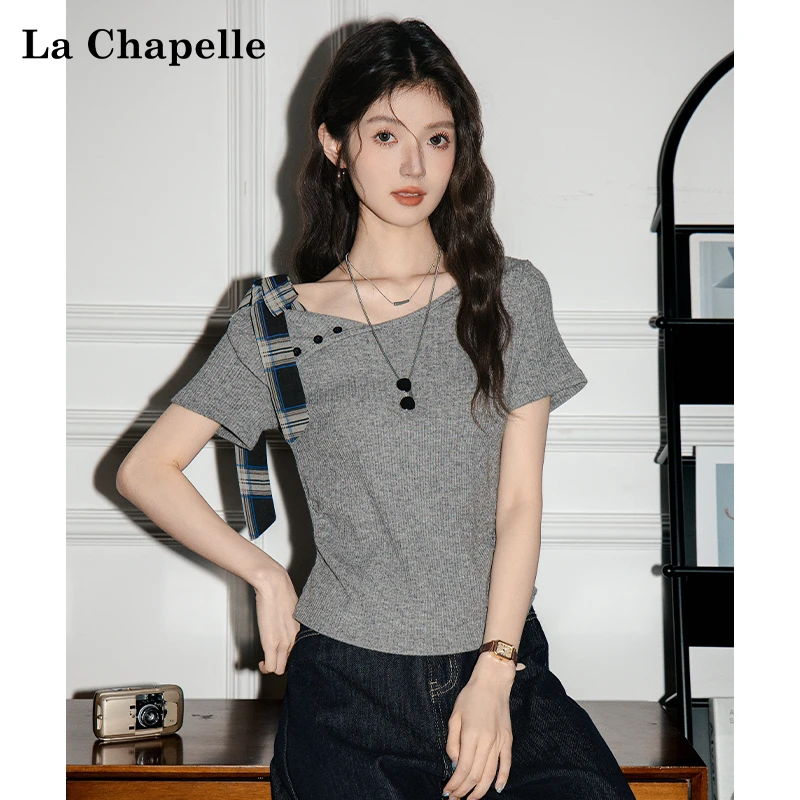 拉夏贝尔2025夏季新款韩系设计感蝴蝶结露肩短袖T恤女修身上衣