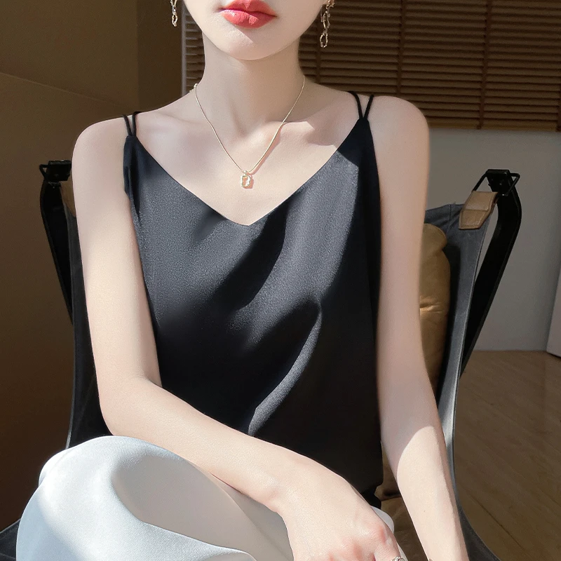 【现货宠粉】新款吊带背心女无袖醋酸缎面夏季纯色打底短款上衣薄款
