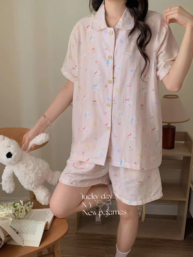 【100%棉】全棉双层纱短袖短裤女款睡衣休闲家居服套装春夏款