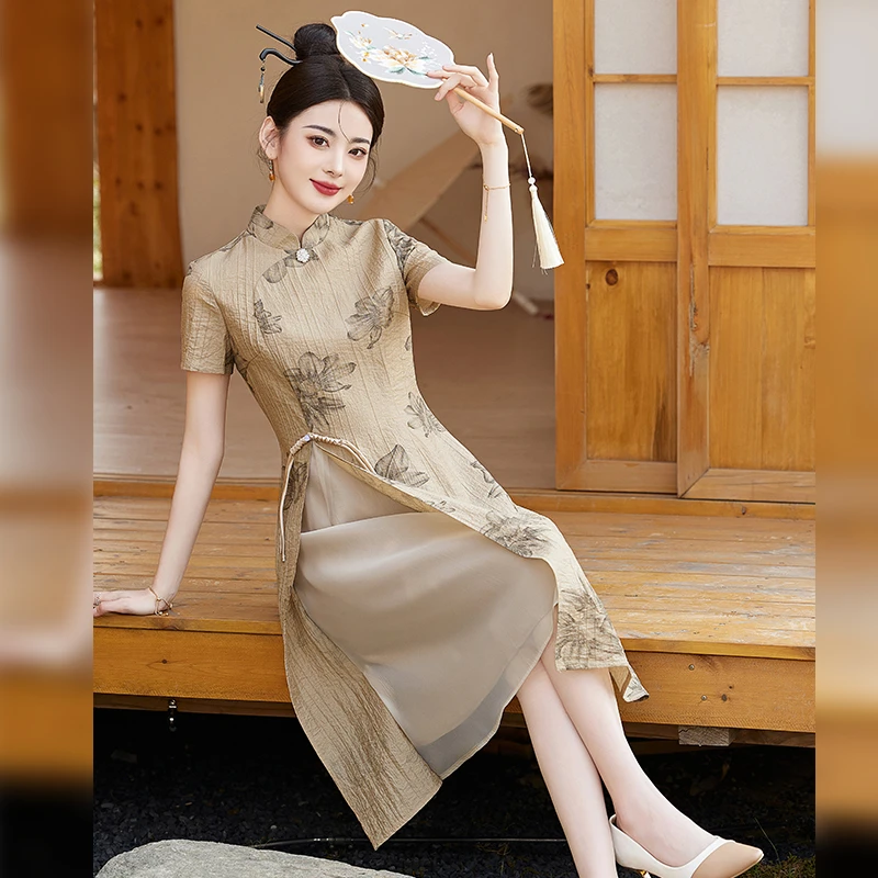 无开衩针织A字裙A型薄款立领旗袍中式日常复古中长款