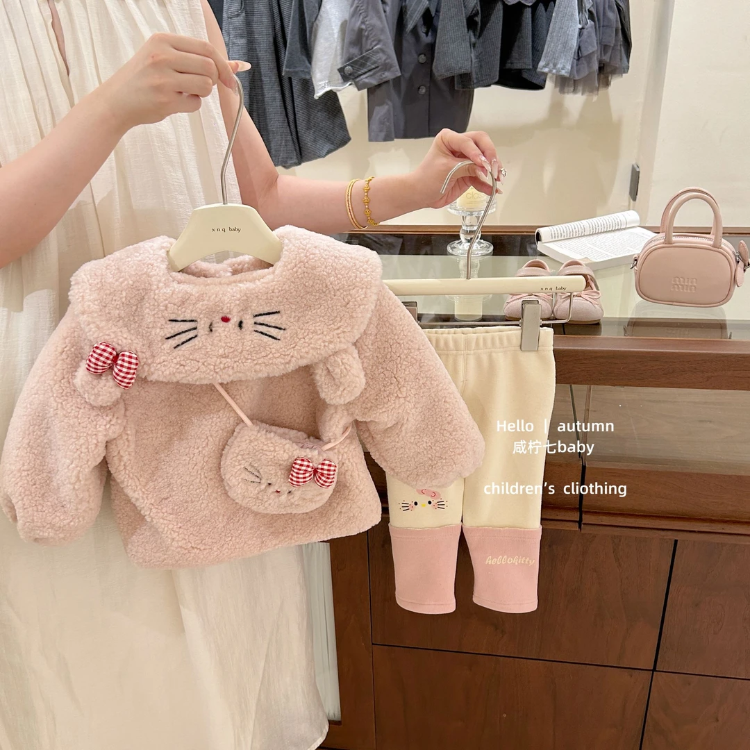 现【咸柠七】女童外套冬装洋气儿童毛绒衣服宝宝加绒保暖连帽上衣