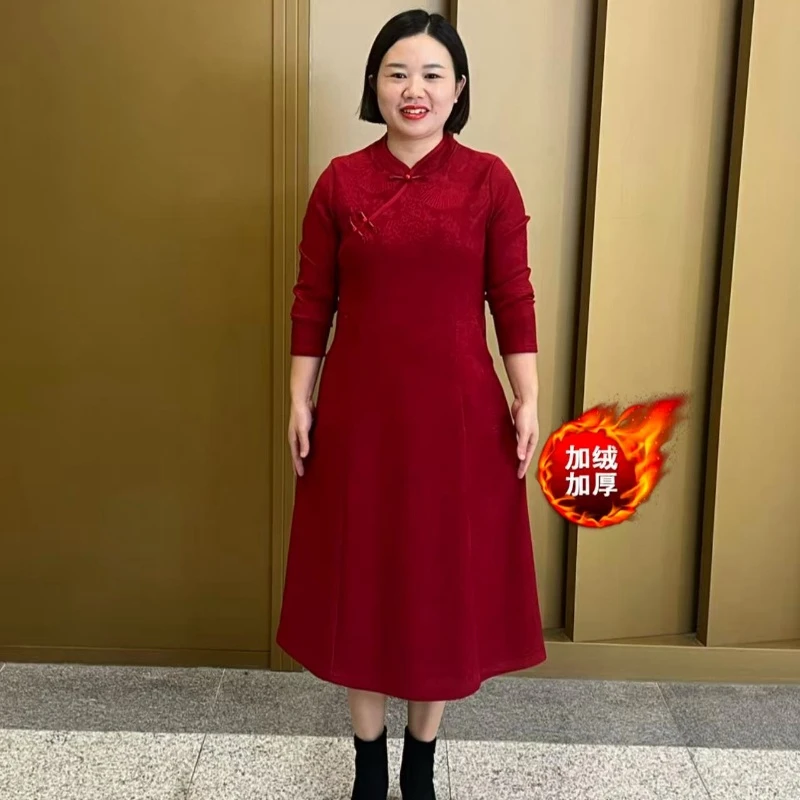 1035秋冬新款加绒保暖改良旗袍裙遮肉显瘦提花连衣裙