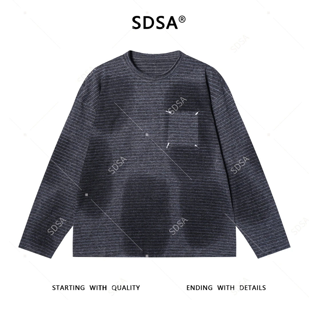 SDSA男士秋冬新款痞帅男装条纹扎染圆领长袖T恤四角线刺绣网红款