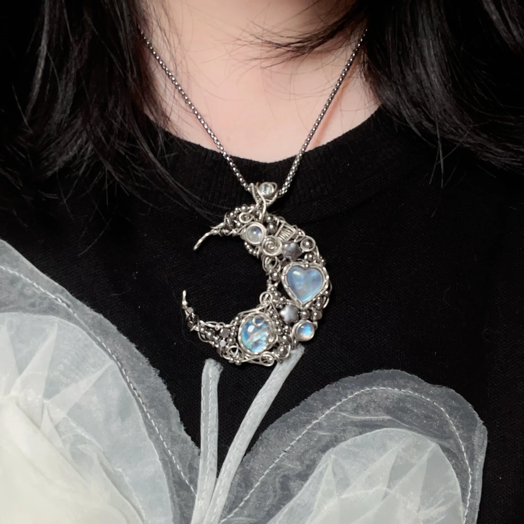 白铜手工制作蓝月设计款月亮造型颈饰首饰编织（可碰水）