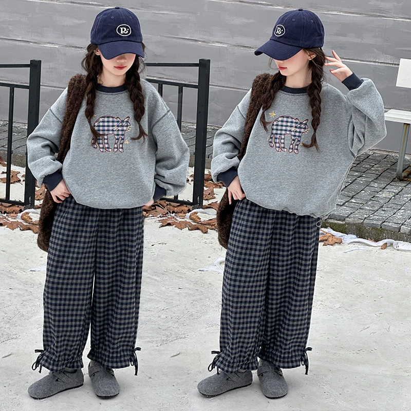 女童秋冬加绒套装2025新款儿童韩版格子裤女大童休闲加厚时髦衣服