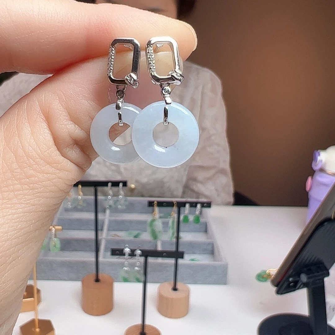 翡翠银S925镶嵌耳饰天然翡翠