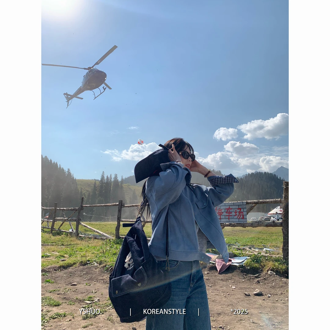 YSHUO【海岸线】时髦立领绒皮甜酷夹克短款袖口拼接格纹外套 9388