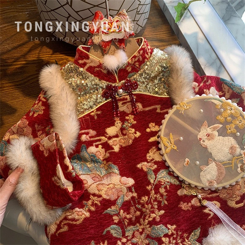 女童拜年服2025新款冬季装唐装周岁礼服小童女宝宝过年旗袍汉服裙