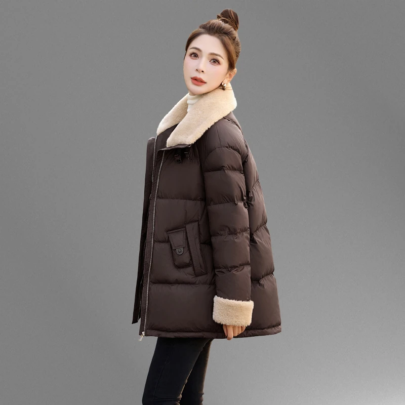 羊羔毛领拼接羽绒服女中长款2025新款冬季高端洋气加厚白鸭绒外套