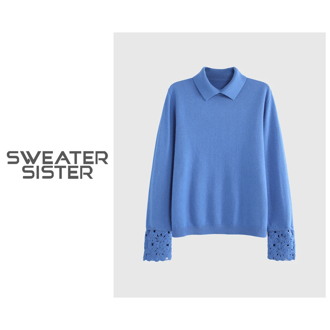 法式新款翻领针织毛衣钩花镂空羊毛针织衫女6655-25851
