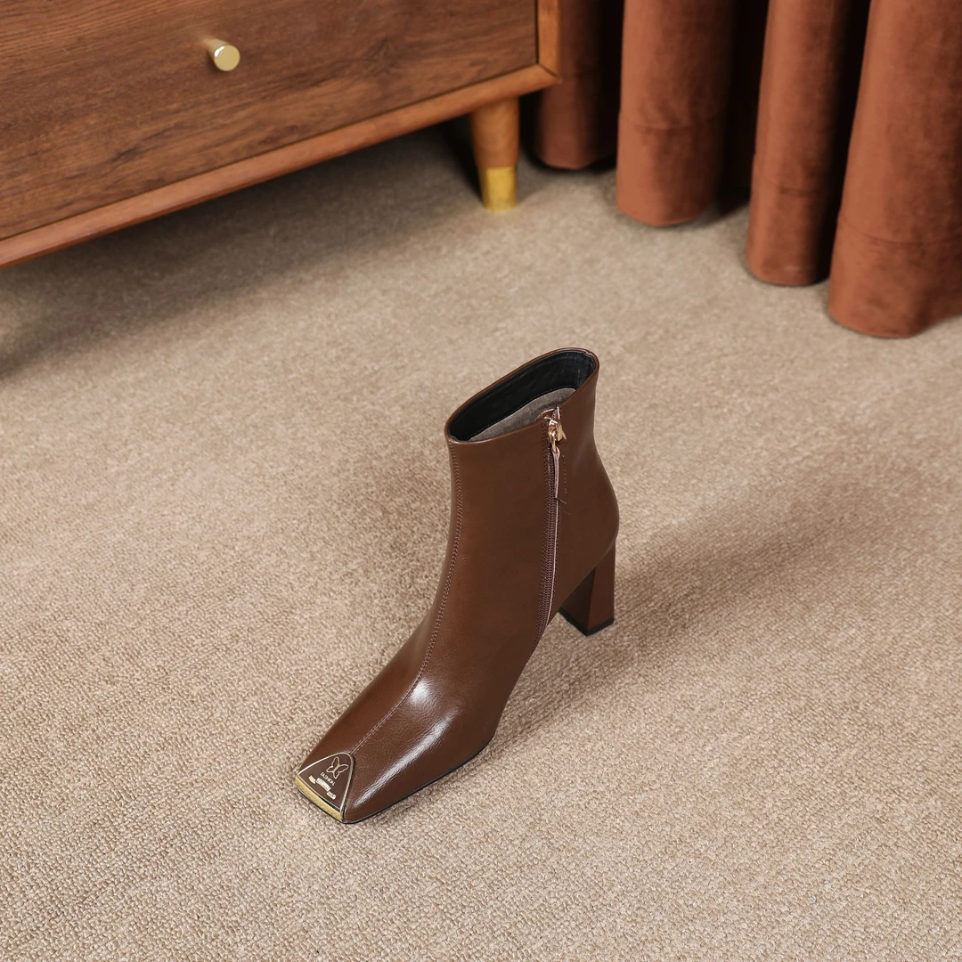 KFY【6cm】2024年秋冬新款百搭小方头胎牛皮高跟短靴X098棕色