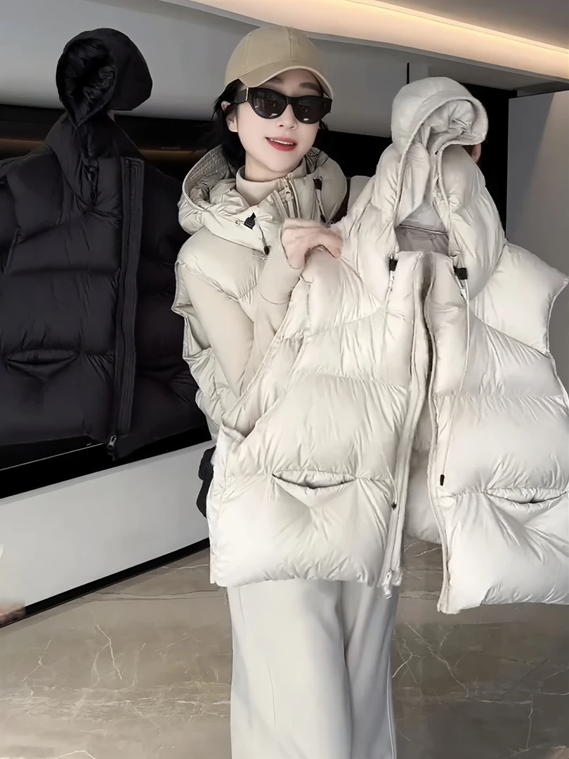 羽绒背心秋冬季新款白鹅绒马夹连帽宽松女士短款泡芙2025女款欧美