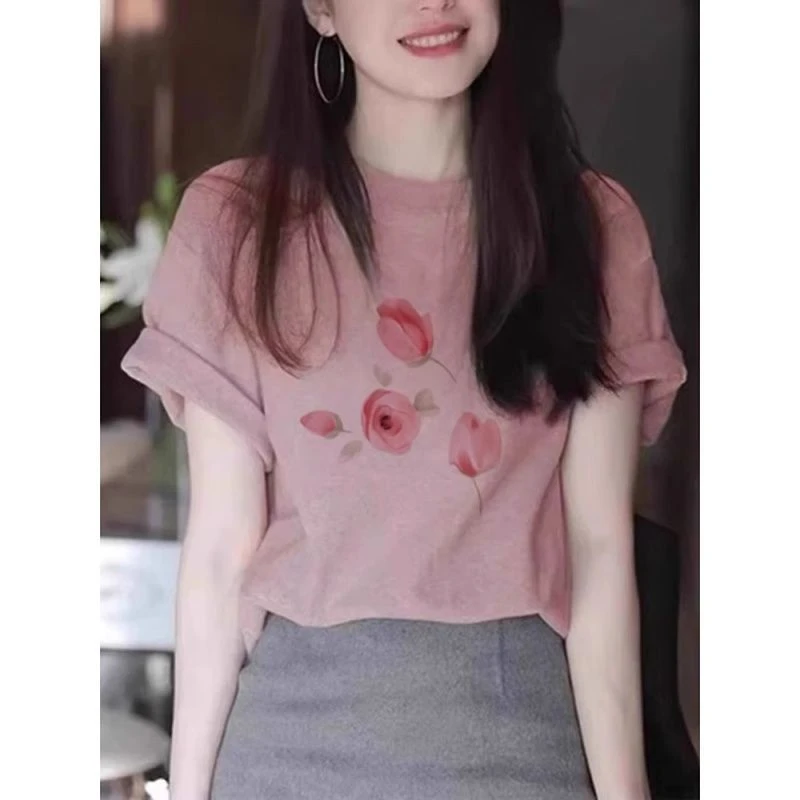 纯棉玫瑰印花ins港风通勤短袖T恤女显瘦气质温柔减龄超好看上衣潮