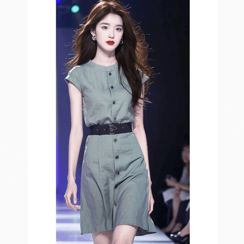 2025夏季款复古灰绿色高冷御姐风连衣裙女气质收腰精致超好看短裙