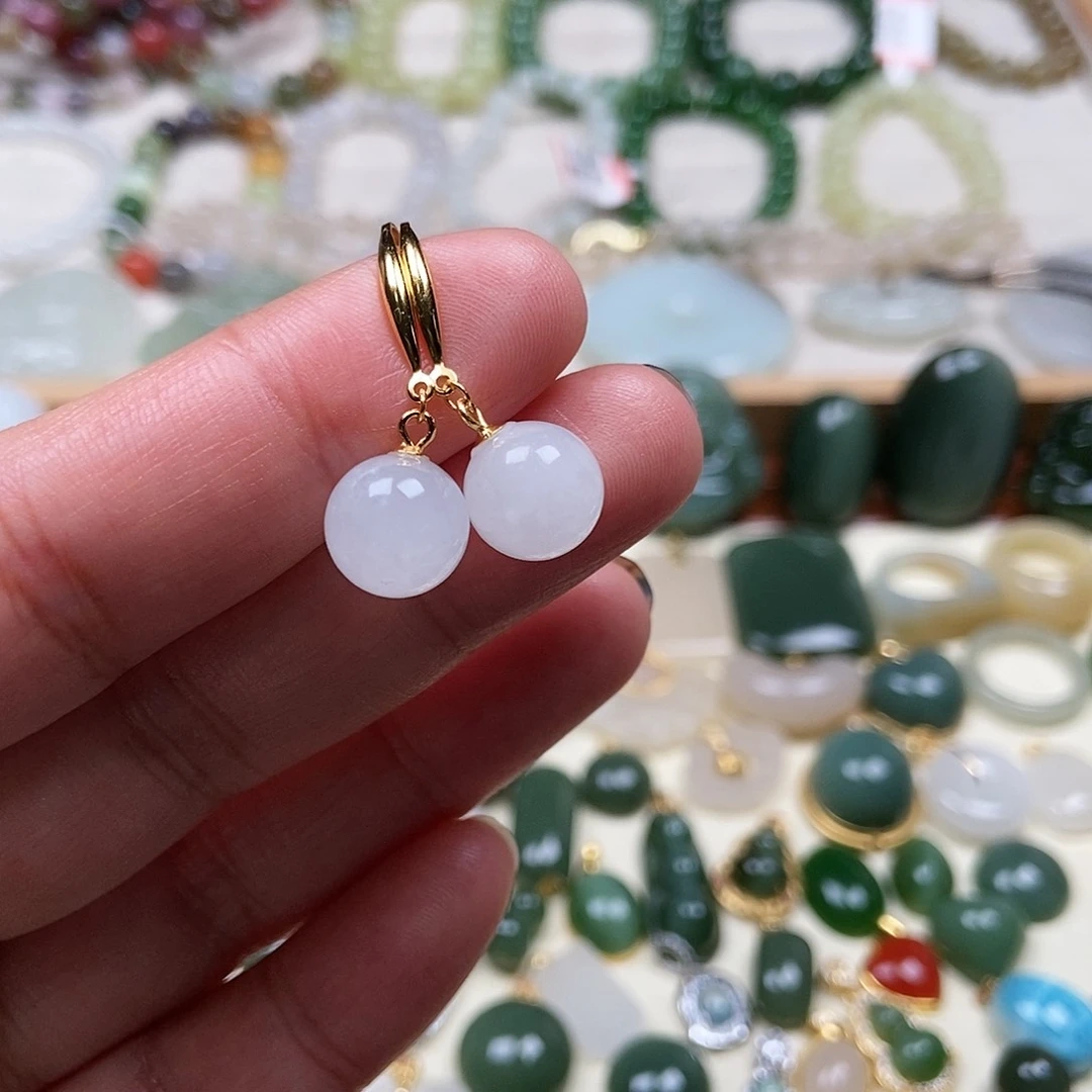 和田玉耳饰银S925镶嵌