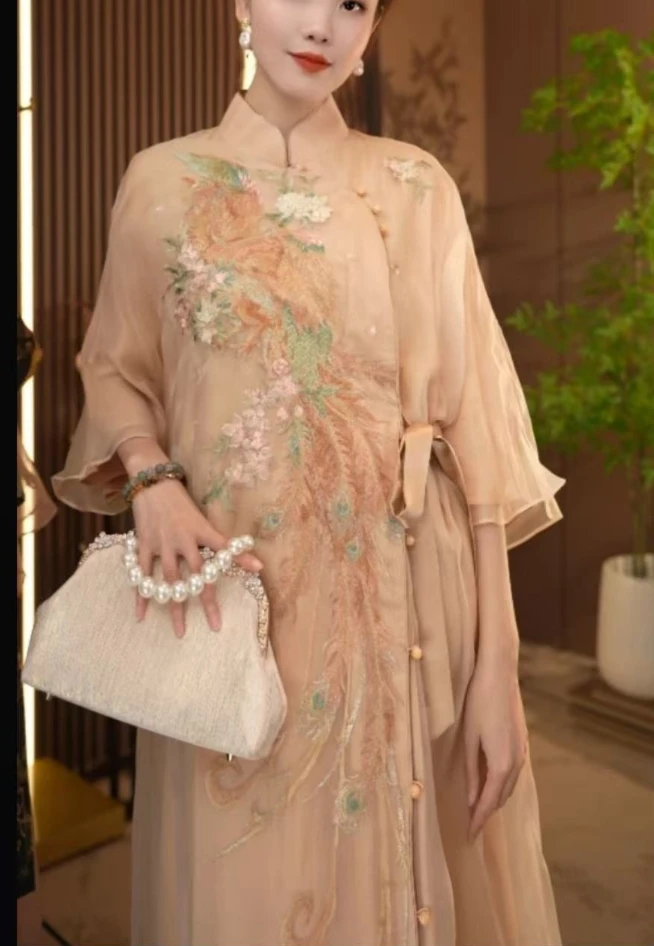 舜华夏季新款中国风优雅绣花中开襟旗袍连衣裙2024B73811——徐徐